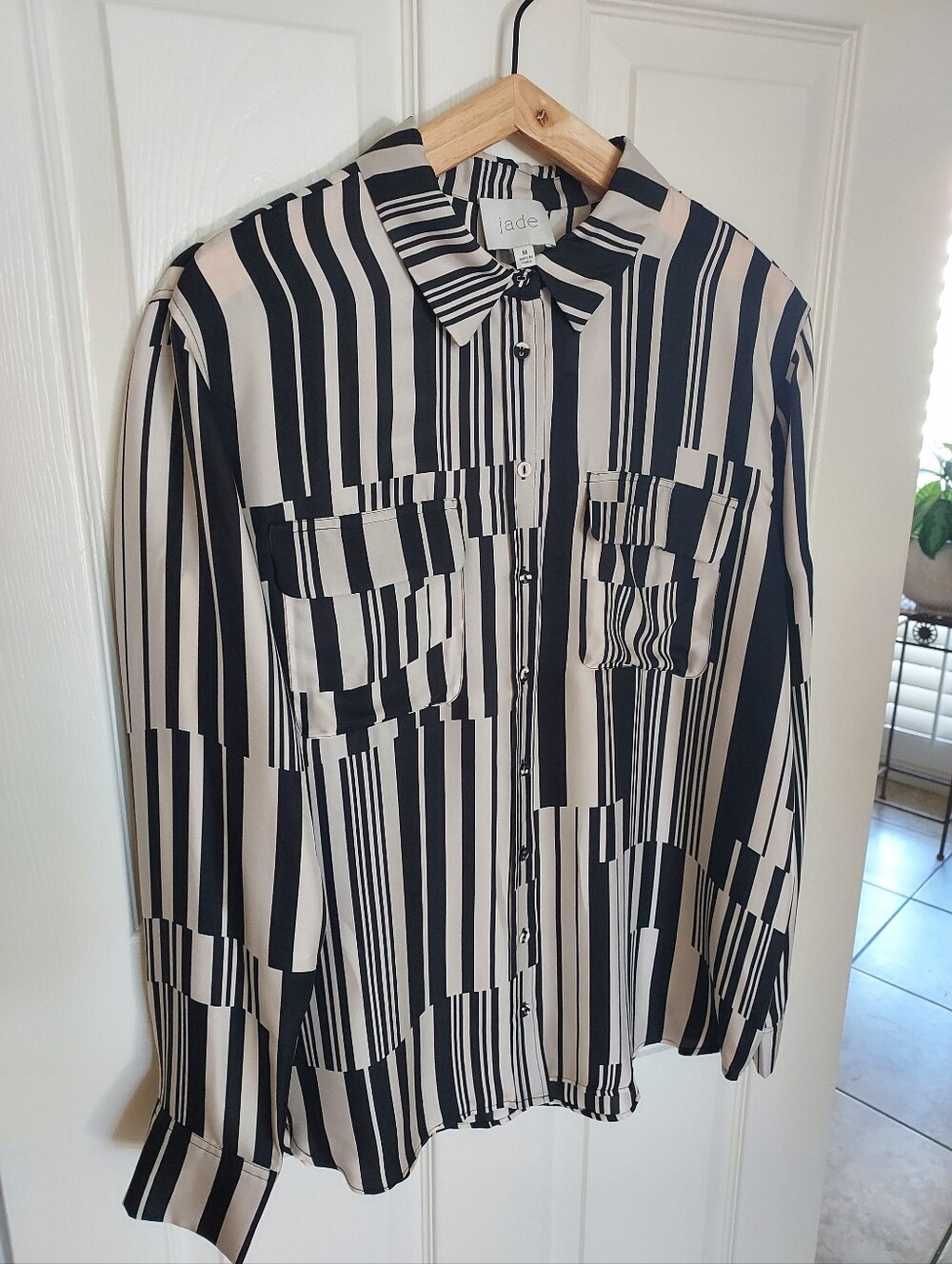 Johnny Was Jade Collection Geometric Black & White Striped Blouse